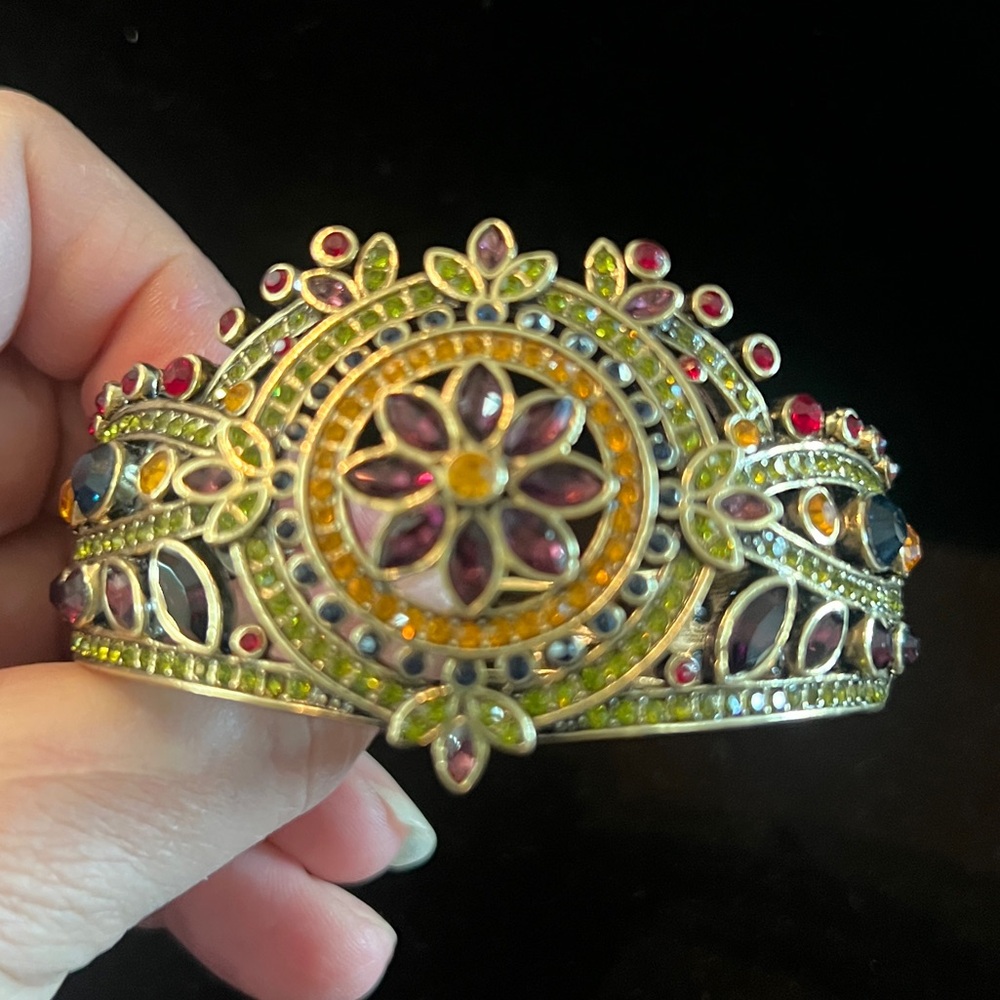 Heidi Daus Crystal Rhinestone Hinged Cuff Bracelet-fuschia,green,gold sz M/L NIB